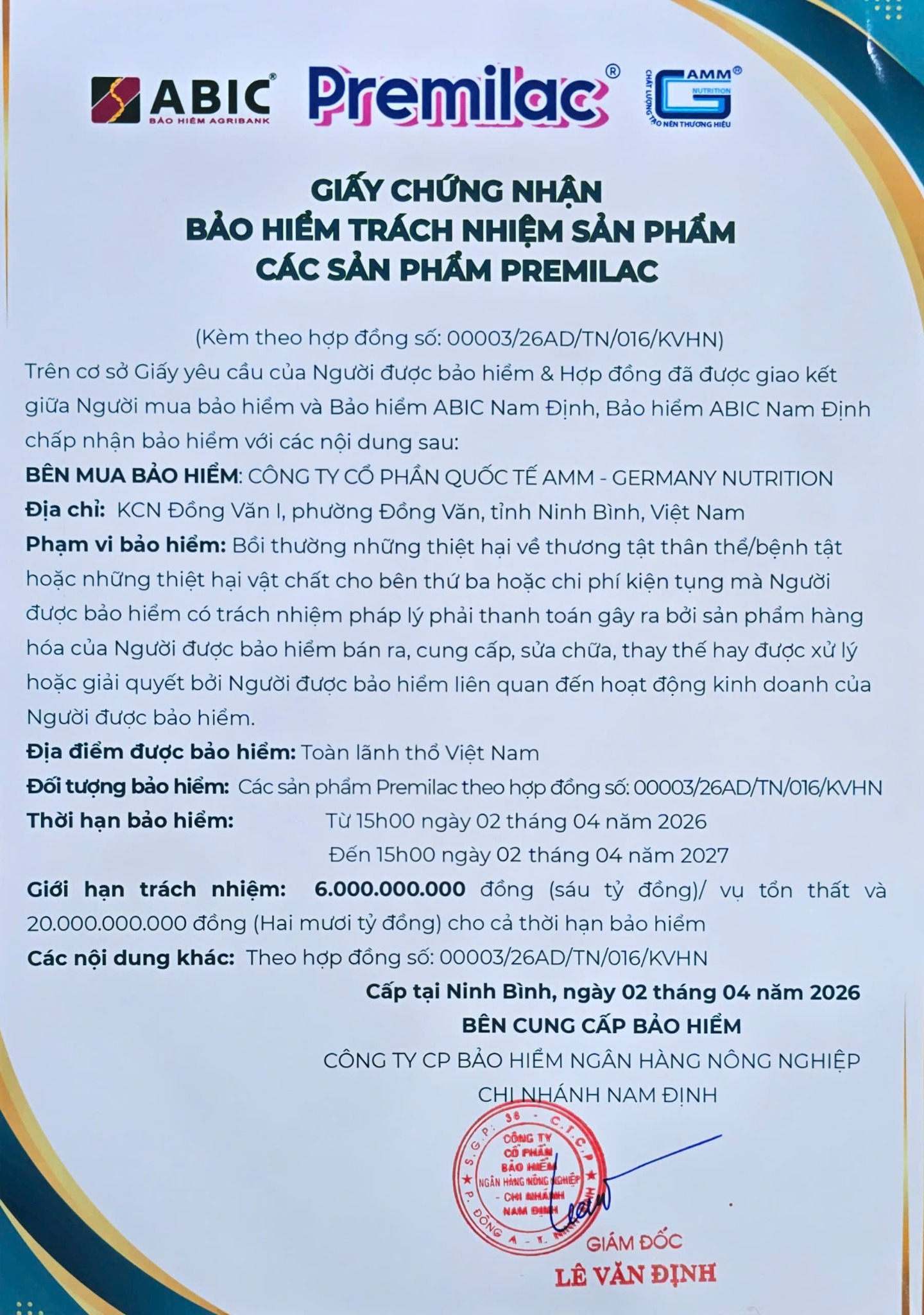 Giấy chứng nhận bảo hiểm trách nhiệm sản phẩm các sản phẩm Premilac